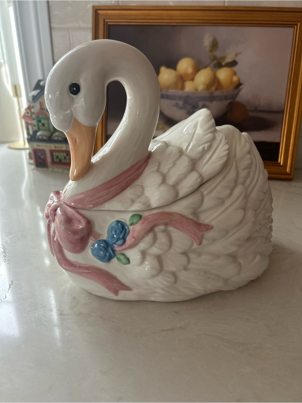 Ceramic Swan Cookie Jar with Lid | Pink Bow & Blue Flowers